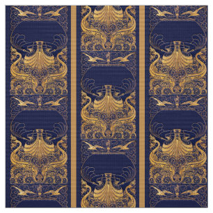 Antiek vaartuig,Dolfijnen,Gold,Navy Blue Nautical Stof