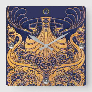 Antiek vaartuig,Dolfijnen,Gold,Navy Blue Nautical Vierkante Klok