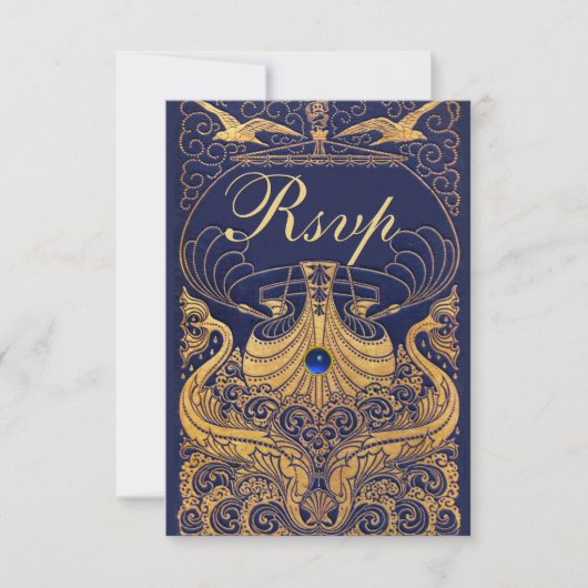 Antiek vaartuig,Dolfijnen,Gold,Navy Blue Rsvp (Voorkant)