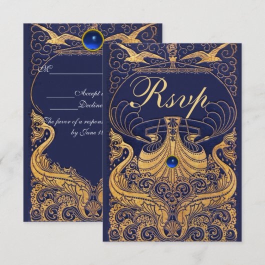 Antiek vaartuig,Dolfijnen,Gold,Navy Blue Rsvp (Voorkant / Achterkant)