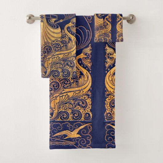 Antiek vaartuig,Dolfijnen,Goud,Blauw marinemonogra Bad Handdoek (Insitu)