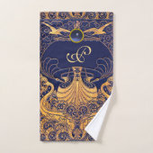 Antiek vaartuig,Dolfijnen,Goud,Blauw marinemonogra Bad Handdoek (Handdoek)