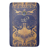 Antiek vaartuig,Dolfijnen,Goud,Blauw marinemonogra Badmat (Voorkant Verticaal)