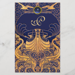 Antiek vaartuig,Dolfijnen,Goud,Blauw marinemonogra Briefpapier