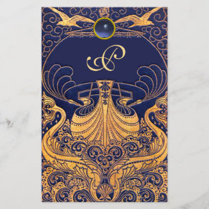 Antiek vaartuig,Dolfijnen,Goud,Blauw marinemonogra Briefpapier