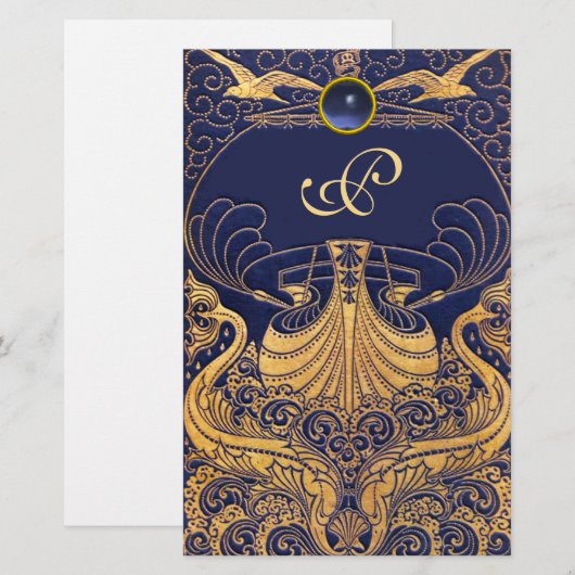 Antiek vaartuig,Dolfijnen,Goud,Blauw marinemonogra Briefpapier (Voorkant / Achterkant)