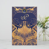 Antiek vaartuig,Dolfijnen,Goud,Blauw marinemonogra Briefpapier (Staand voorkant)