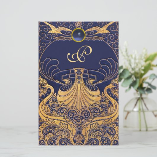 Antiek vaartuig,Dolfijnen,Goud,Blauw marinemonogra Briefpapier (Staand voorkant)