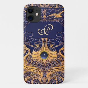Antiek vaartuig,Dolfijnen,Goud,Blauw marinemonogra iPhone 11 Hoesje