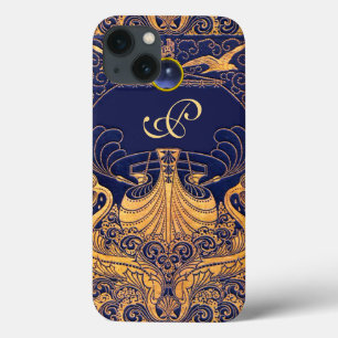 Antiek vaartuig,Dolfijnen,Goud,Blauw marinemonogra Case-Mate iPhone Case