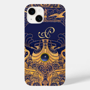 Antiek vaartuig,Dolfijnen,Goud,Blauw marinemonogra Case-Mate iPhone Case