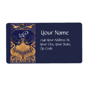 Antiek vaartuig,Dolfijnen,Goud,Blauw marinemonogra Etiket