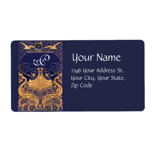 Antiek vaartuig,Dolfijnen,Goud,Blauw marinemonogra Etiket (Voorkant)