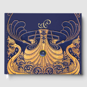 Antiek vaartuig,Dolfijnen,Goud,Blauw marinemonogra Gastenboek