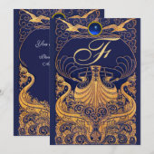 Antiek vaartuig,Dolfijnen,Goud,Blauw marinemonogra Kaart (Voorkant / Achterkant)