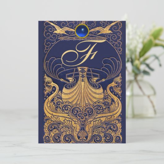 Antiek vaartuig,Dolfijnen,Goud,Blauw marinemonogra Kaart (Staand voorkant)