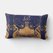 Antiek vaartuig,Dolfijnen,Goud,Blauw marinemonogra Kussen (Achterkant)