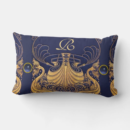 Antiek vaartuig,Dolfijnen,Goud,Blauw marinemonogra Kussen (Achterkant)