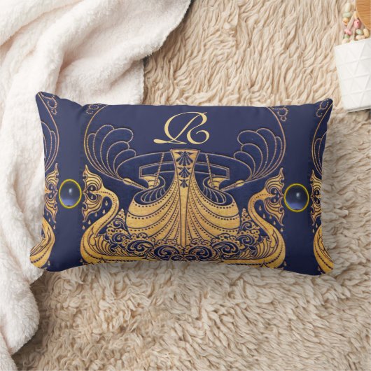Antiek vaartuig,Dolfijnen,Goud,Blauw marinemonogra Kussen (Deken)