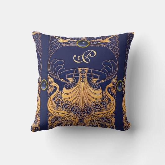 Antiek vaartuig,Dolfijnen,Goud,Blauw marinemonogra Kussen (Achterkant)