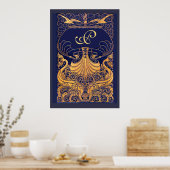 Antiek vaartuig,Dolfijnen,Goud,Blauw marinemonogra Poster (Keuken)