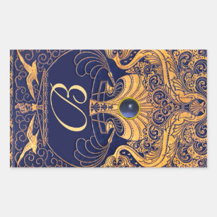 Antiek vaartuig,Dolfijnen,Goud,Blauw marinemonogra Rechthoekige Sticker