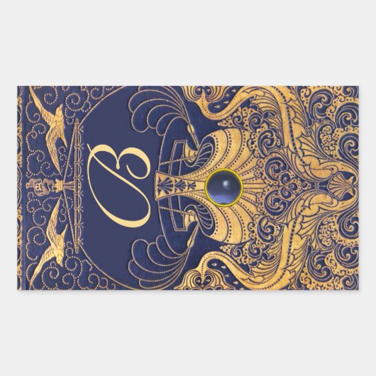 Antiek vaartuig,Dolfijnen,Goud,Blauw marinemonogra Rechthoekige Sticker (Voorkant)