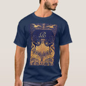 Antiek vaartuig,Dolfijnen,Goud,Blauw marinemonogra T-shirt (Voorkant)