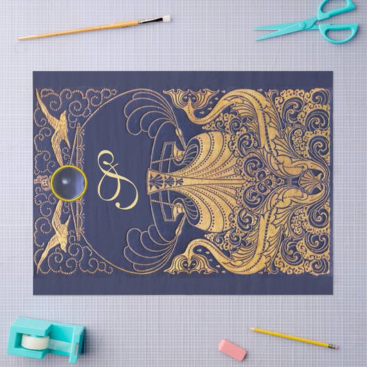 Antiek vaartuig,Dolfijnen,Goud,Blauw marinemonogra Tissuepapier (Craft)