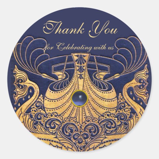 Antiek vaartuig, dolfijnen, goud, marineblauw "dan ronde sticker (Voorkant)