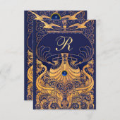 Antiek vaartuig, dolfijnen, goud, marineblauw informatiekaartje (Voorkant / Achterkant)