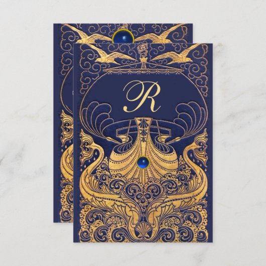 Antiek vaartuig, dolfijnen, goud, marineblauw informatiekaartje (Voorkant / Achterkant)