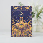 Antiek vaartuig, dolfijnen, goud, marineblauw informatiekaartje (Staand voorkant)