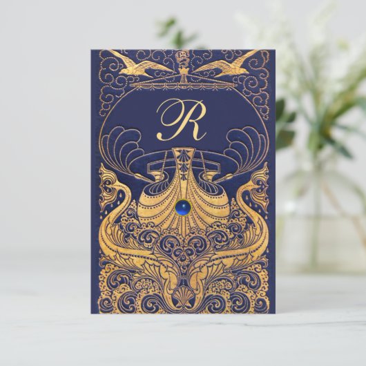 Antiek vaartuig, dolfijnen, goud, marineblauw informatiekaartje (Staand voorkant)