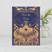 Antiek vaartuig, dolfijnen, goud, marineblauw save the date (Staand voorkant)