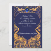 Antiek vaartuig, dolfijnen, goud, marineblauw save the date (Achterkant)