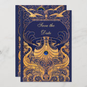 Antiek vaartuig, dolfijnen, goud, marineblauw save the date (Voorkant / Achterkant)