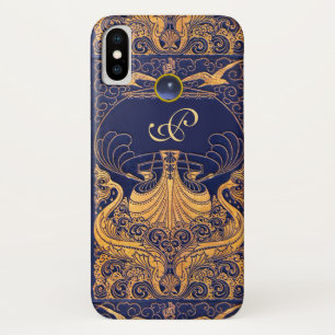 Antiek vaartuig,Dolfijnen,Goud,Navy Blauwe Monogra Case-Mate iPhone Case