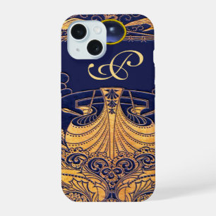 Antiek vaartuig,Dolfijnen,Goud,Navy Blauwe Monogra iPhone 15 Case