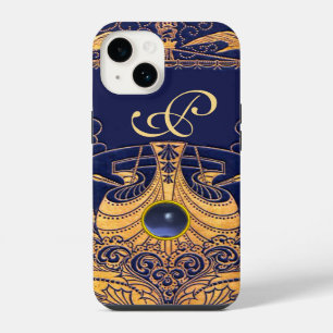 Antiek vaartuig,Dolfijnen,Goud,Navy Blauwe Monogra iPhone 14 Hoesje