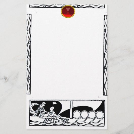 ANTIEK VAARTUIG EN LOVERS Red Ruby Gem Black White Briefpapier (Voorkant)