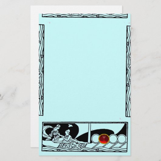 ANTIEK VAARTUIG EN LOVERS Ruby Gem Black Blauwgroe Briefpapier (Voorkant / Achterkant)