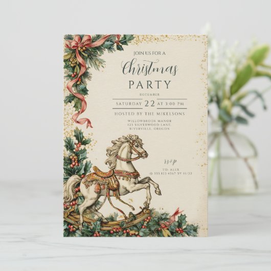 Antiek vakantie Rocking Horse Christmas Kaart (Staand voorkant)