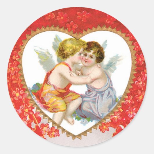 Antiek Valentijn Angel (Cupid) Harthart Ronde Sticker (Voorkant)