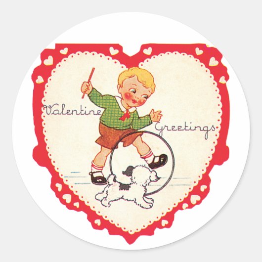 Antiek Valentijn Boy met Puppy Ronde Sticker (Voorkant)