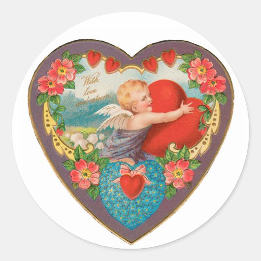 Antiek Valentijn Cupid Heart Ronde Sticker (Voorkant)