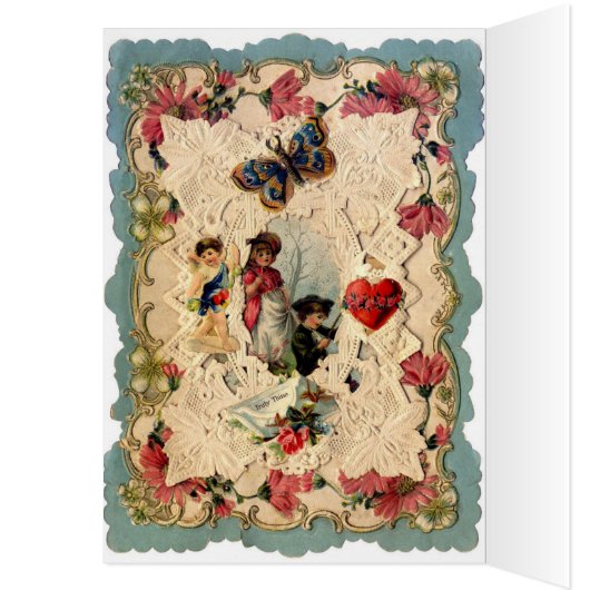 ANTIEK VALENTIJN LACE, CUPID, LOVERS EN BUTTERFLES (Binnen (Links))