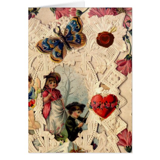 ANTIEK VALENTIJN LACE, CUPID, LOVERS EN BUTTERFLES (Voorkant)