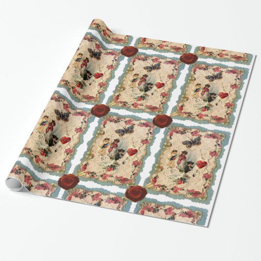 ANTIEK VALENTIJN LACE, CUPID, LOVERS EN BUTTERFLES CADEAUPAPIER (Uitgerold)