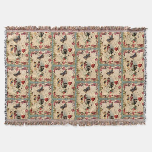 ANTIEK VALENTIJN LACE, CUPID, LOVERS EN BUTTERFLES DEKEN (Voorkant)